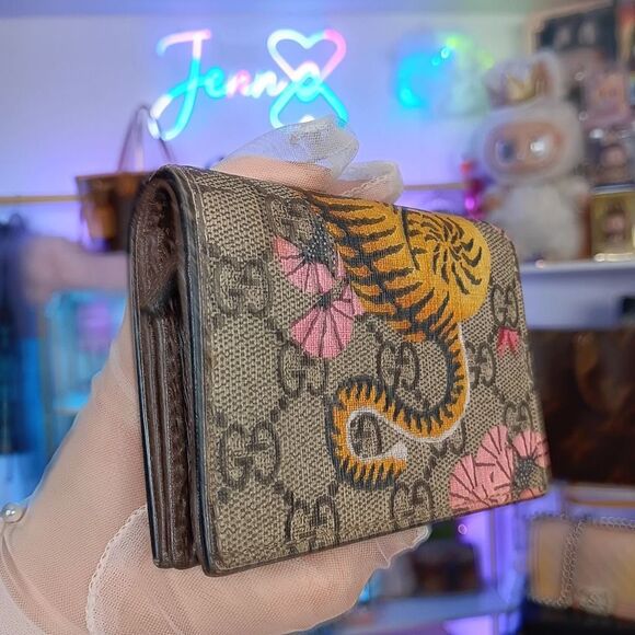 Gucci GG Supreme Canvas Brown Leather Tiger Compact Wallet Full Set - Picture 3 of 15